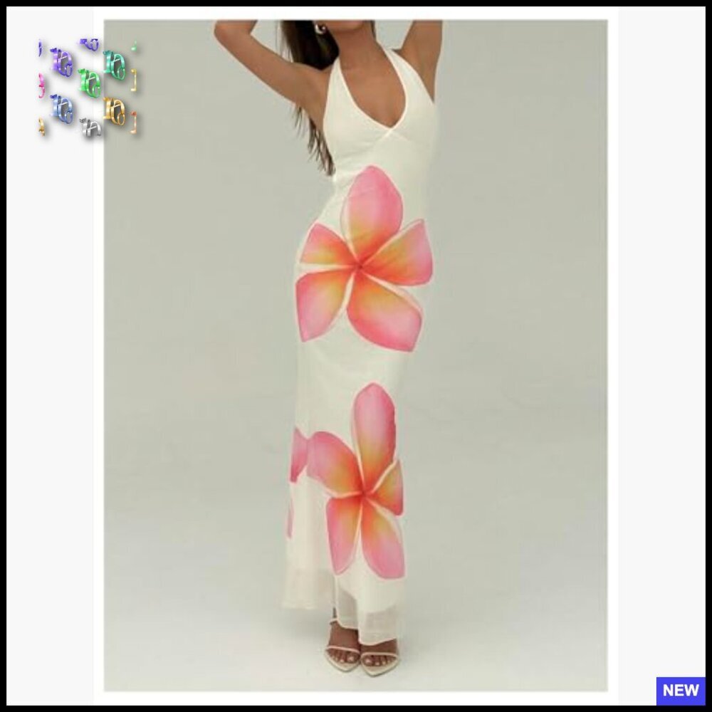 Floral Print Tie Backless Halter Maxi Dress Bodycon Mesh Elegant Chic - Picture 4 of 5